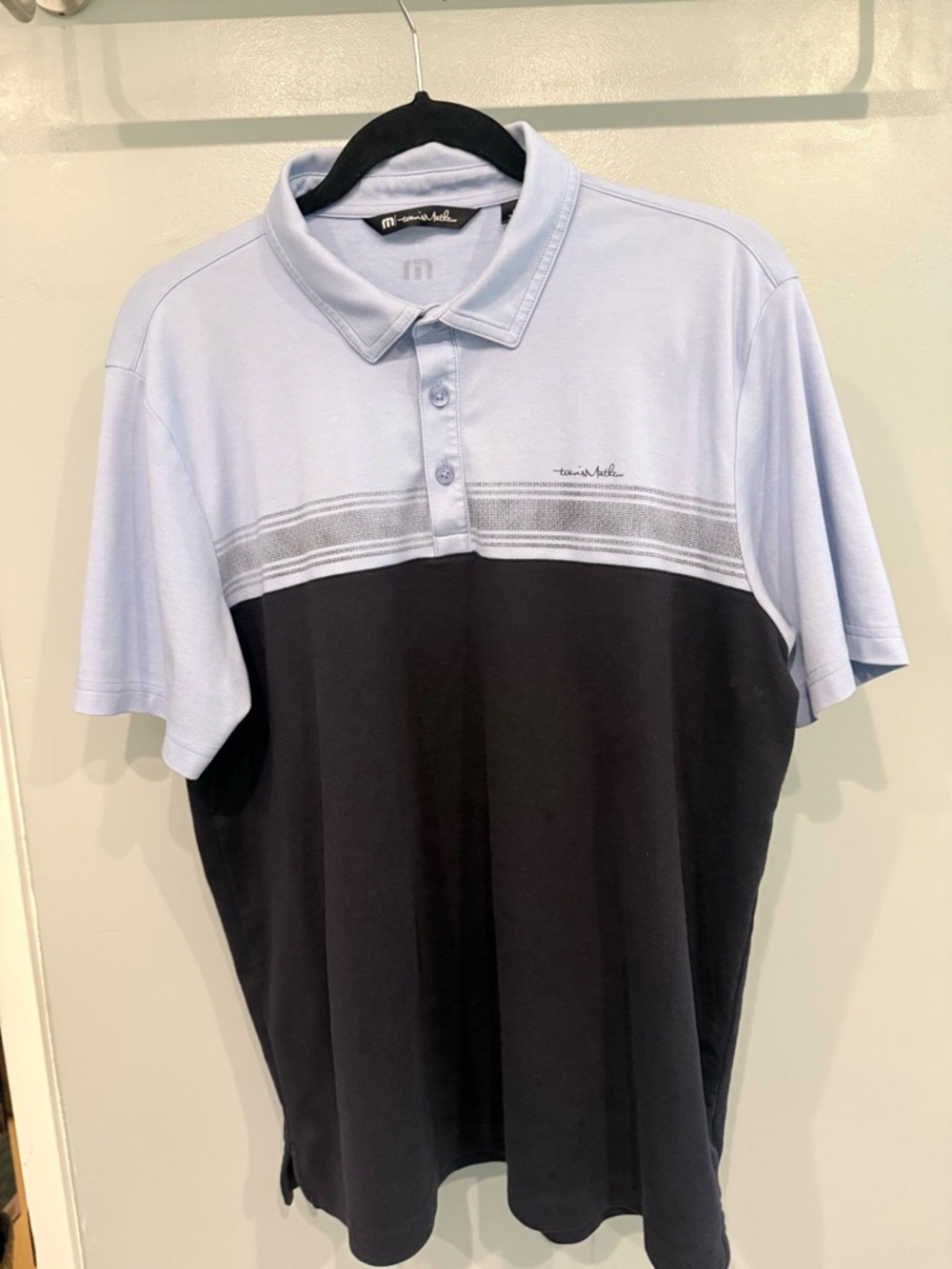 Travis Mathew Light Blue and Black Colorblock Polo